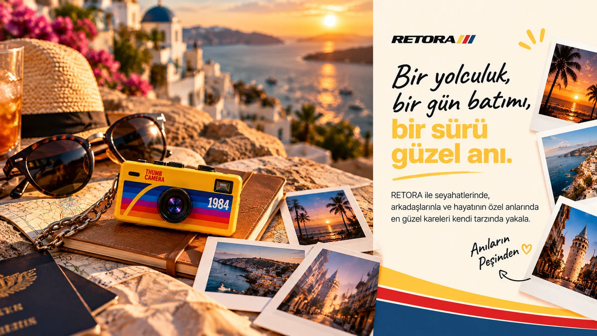 Gün batımında seyahat masasında sarı RETORA kamera ve polaroid fotoğraflar: Bir yolculuk, bir gün batımı, bir sürü güzel anı.