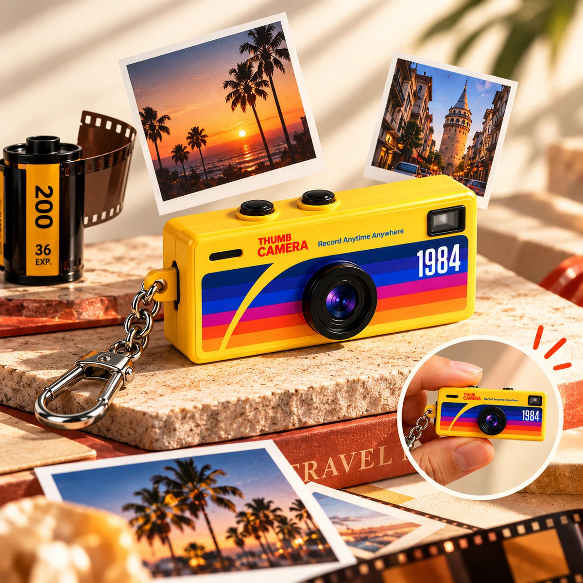 Polaroid fotoğraflar ve film rulosu arasında sarı RETORA 1984 mini anahtarlık kamera